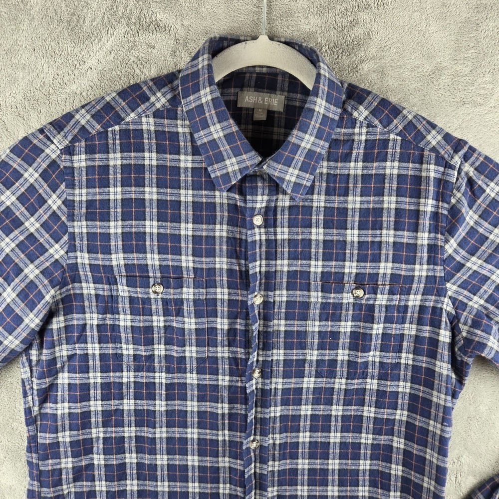 Ash & Erie Flannel Blue Plaid Shirt Mens Medium Twill Long‎ Sleeve Button Down